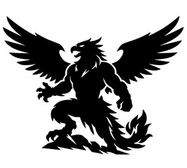 Fototapeta premium Winged Humanoid Beast, Black silhouette of a humanoid creature with wings, claws, and tail, resembling a griffin or winged beast, symbolizing strength and mystery