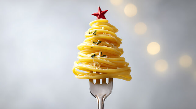 Creative pasta Christmas tree on a fork, festive season food art with red star and garnish, warm bokeh light background for holiday celebrations
