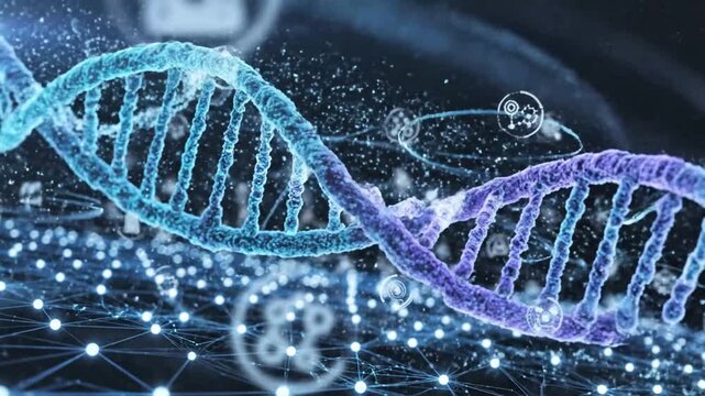 Abstract dna strand with futuristic digital data visualization