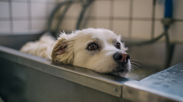 Cute white domestic dog patiently waits in a stainless steel grooming tub, ready for a bath or wash, with pleading eyes looking up