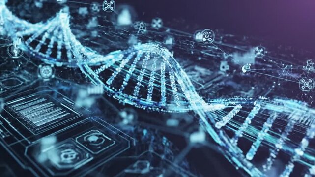 Abstract digital depiction of dna helix and scientific data visualization