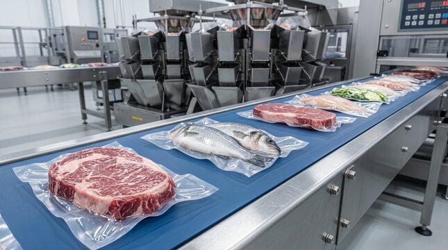 Industrial food processing facility with an automated conveyor belt showcasing vacuum-sealed fresh meat fish and vegetables ready for distribution and sale.