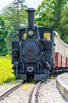 A steam locomotive sits on the tracks at Taurach Railway museum. The narrow-gauge train is preparing for a journey. Green trees surround the area, creating a scenic view.