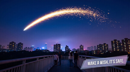 Long exposure light trail of fireworks over urban bridge at dusk with silhouetted crowd