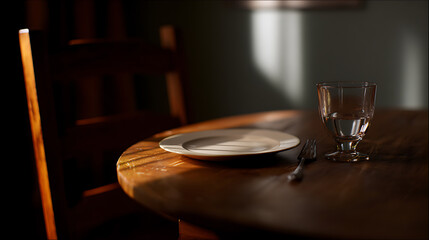 Fototapeta premium Rustic wooden dining table setting with empty plate, fork, and water glass bathed in warm sunlight, creating a cozy and inviting atmosphere