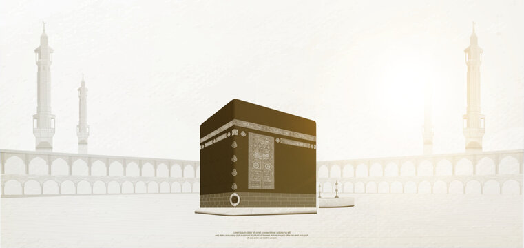 Eid Mubarak design in the Realistic Kaaba and Maqam Ibrahim in Al-Haram Mosque- vector illustration in sunset color