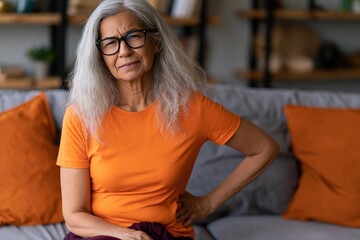 Obraz premium Senior woman with hand on hip showing back pain in living room interior
