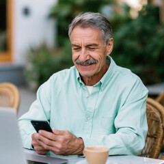 Obraz premium Older man smiling while using smartphone at outdoor cafe table