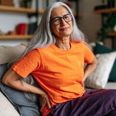 Obraz premium Older woman supporting lower back while seated on couch
