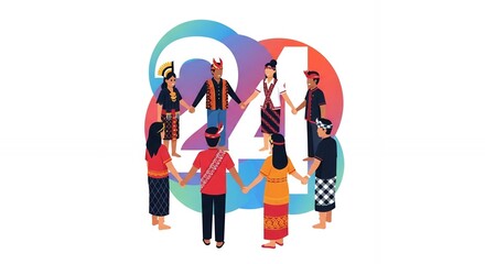 Fototapeta premium Diverse people holding hands around number 24 illustration.