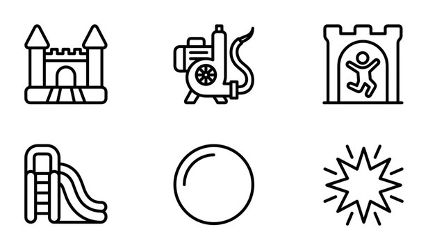 Bouncy Castle Icons, Inflatable Slide, Air Blower, Ball, Celebration Burst, Party Fun Vector Set