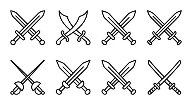 Set of 8 Crossed Swords Icons, Medieval Weapon Symbols, Warrior Battle Blades, Vector Graphics