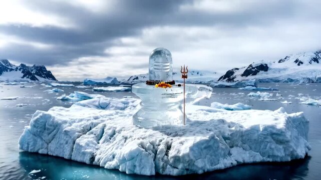 A transparent ice shiva linga decorated with a rudraksha mala and flowers stands on a floating iceberg in the frozen arctic ocean with snow-covered mountains under a cloudy sky.