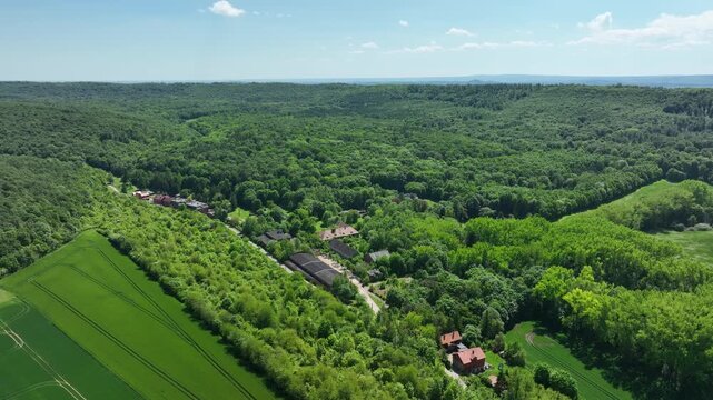 Drone footage showing Gemeinde Huy Wilhelmshall in the Harz region, Germany