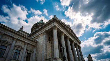 Fototapeta premium Low-angle view of grand neoclassical building with columns under dramatic sky
