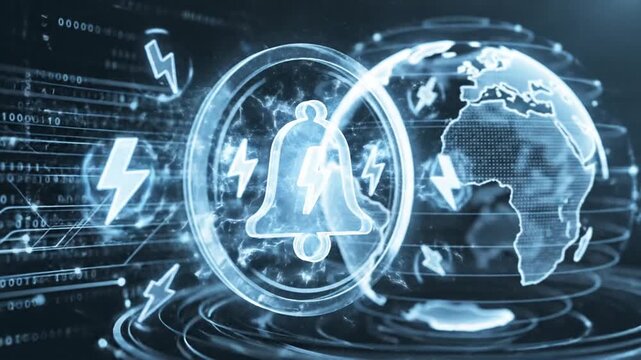 Digital alert concept with globe and lightning symbols for technology news