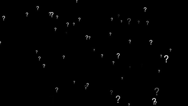 Animated white question marks popping up and fading on a dark background. Concept of confusion, quiz, help, or frequently asked questions on alpha channel