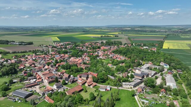 Aerial drone footage of Gemeinde Huy Dedeleben in the Harz region, Germany
