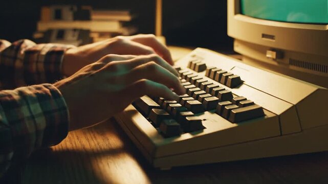 Hands typing on old computer keyboard in low light setting