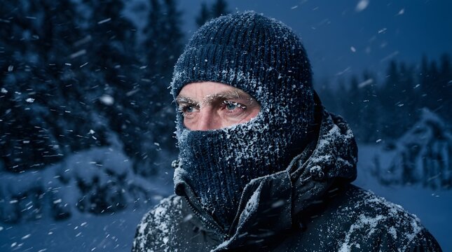 Man braving harsh winter blizzard in freezing cold weather.