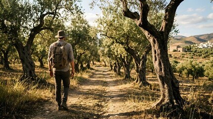 Fototapeta premium Man Walking Through Olive Grove on Sunny Day.