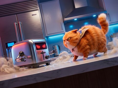 Angry Fluffy Orange Cat Facing Evil Robot Toaster in Futuristic Kitchen
