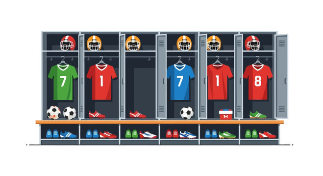 Soccer Team Locker Room with Jerseys and Equipment.