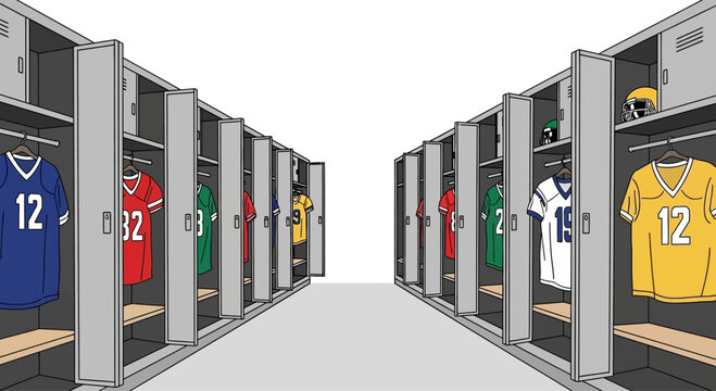 Sports locker room with rows of open lockers displaying colorful team jerseys.