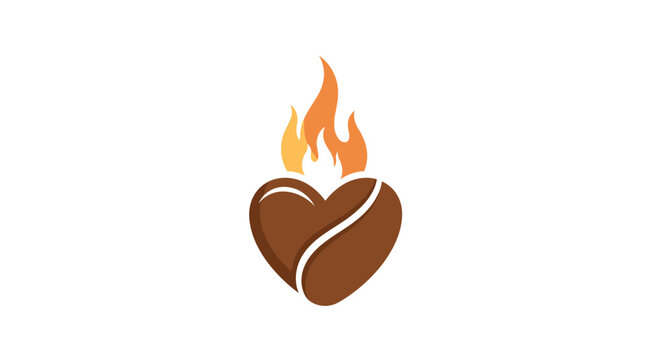 Heart shaped coffee bean with flames logo design.