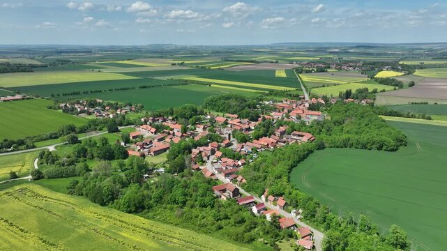 Drone footage showing Gemeinde Huy Vogelsdorf in the Harz region, Germany