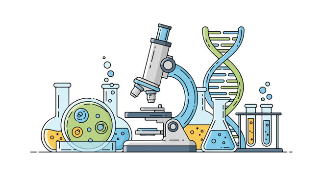 Line drawing of a microscope with a DNA helix on the stage and a petri dish with cells on a laboratory slide, against a clean white background.