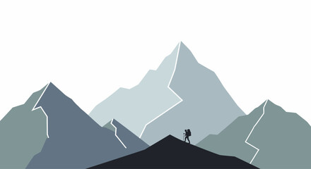 A lone hiker stands atop a mountain peak contemplating the vast landscape. © Kelik