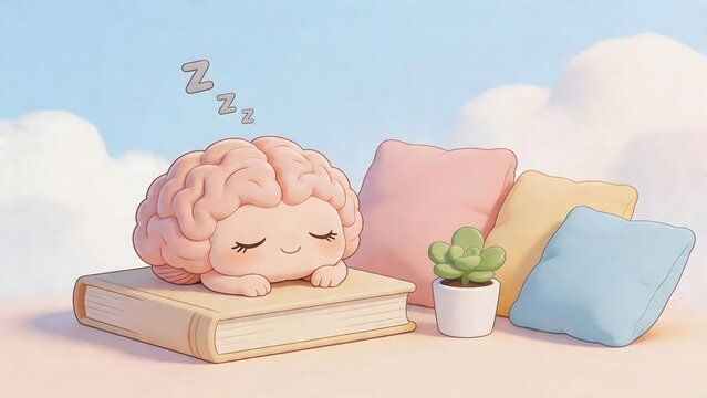 Cute brain sleeping on book