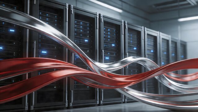 Server racks with flowing data ribbons