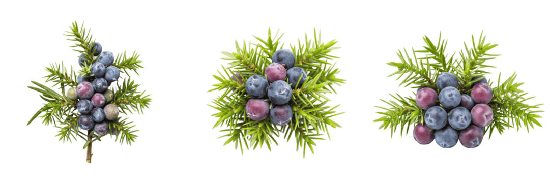 Fresh Juniper Berries with Green Leaves Isolated on White Background. Professional Botanical Photography of Aromatic Conifer Fruits, Perfect for Gin Production, Herbal Medicine, Culinary Spice Concept