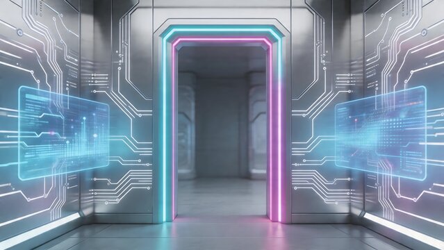 Futuristic corridor with neon lights