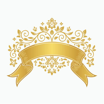Golden Floral Ribbon Banner with Decorative Flourishes