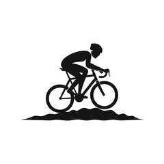 Fototapeta premium Cyclist Silhouette: A dynamic silhouette of a cyclist in motion, wearing a helmet and focused on the ride, with a stylized representation of uneven terrain beneath.