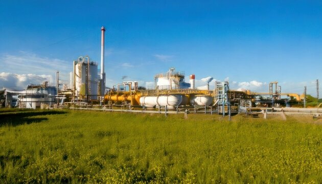 Industrial landscape - Chemical plant amidst green field under blue sky.