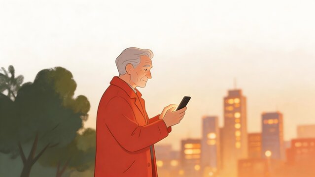 Elderly man in red coat using phone