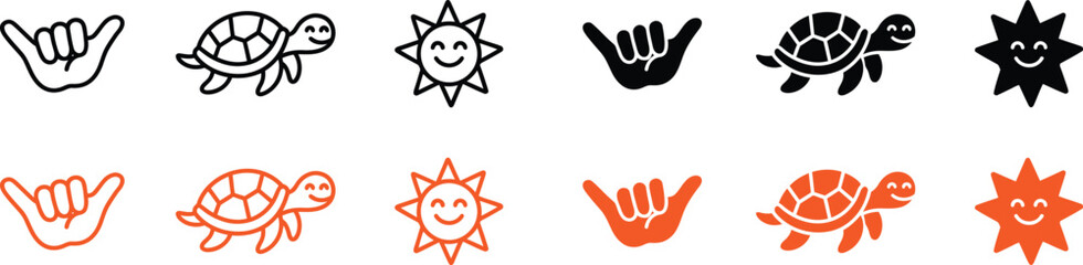 Fototapeta premium Line art icon set hang loose turtle and sun