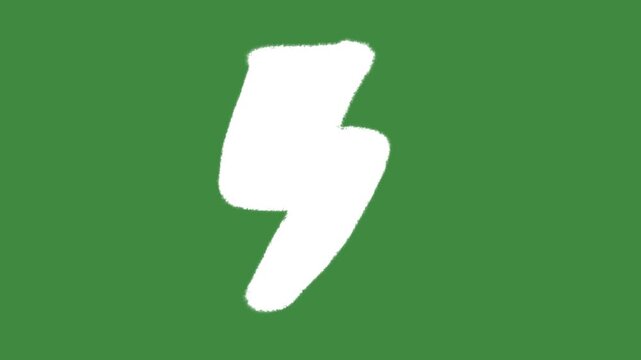 Chalk lightning bolt icon isolated on green screen background with hand-drawn textured flash energy sign cartoon animation for power supply and sustainable electricity concept.