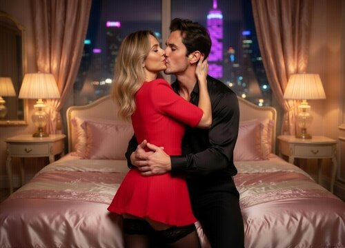 stylish young Caucasian woman on the bed with her bf AI generated