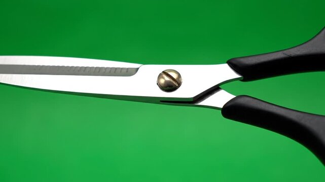 Close up of stainless steel scissors on vibrant green background
