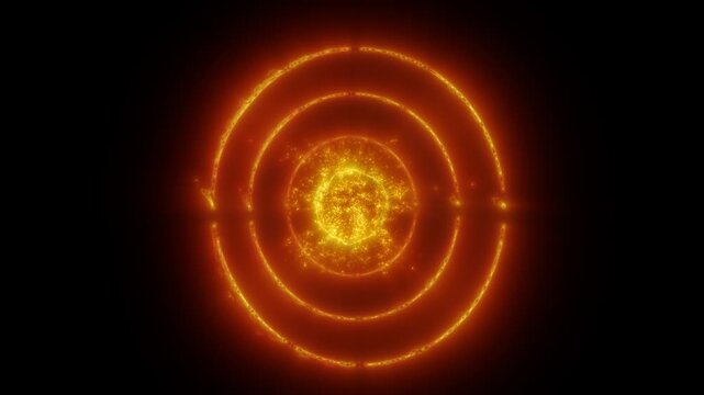 Bright golden energy ring with orbiting plasma lines and particles