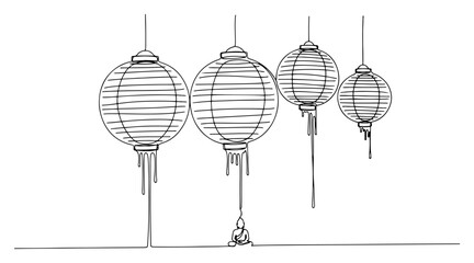 Obraz premium Hanging paper lanterns with dripping lines above a meditating buddha silhouette in minimalist line art style