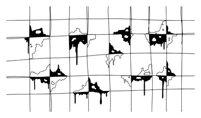 Obraz premium Grid pattern with dripping black stains and liquid leaks in line art style