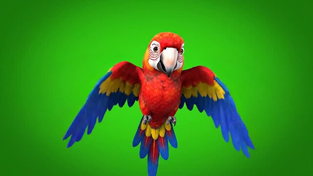 Colorful parrot in flight against green background for commercial use