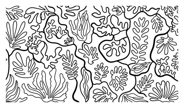 Seaweed and coral reef marine plants pattern in black and white line art style