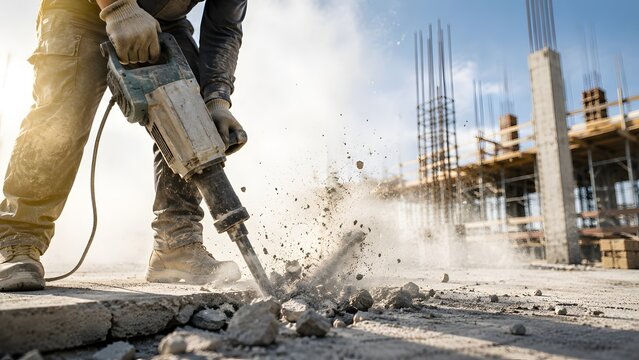 Manual Laborer Operating Heavy Jackhammer to Break Concrete Floor at Construction Site During Sunny Day